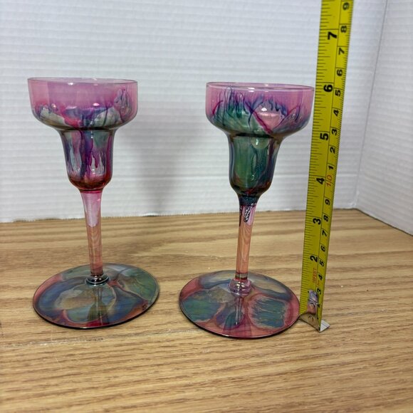 Pair Vintage Deco Art Designs Canada Handcrafted Multi Colour Glass Goblets - Picture 9 of 10